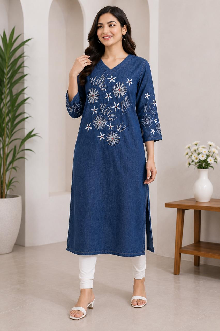 Denim Printed with Embroidery Spark Round V Neck  Kurta